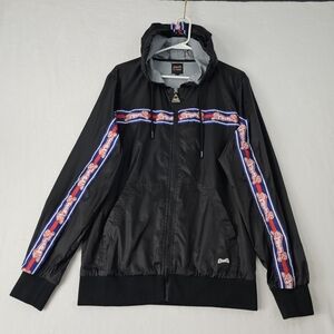 Le Tigre Mens Medium Full Zip Hooded Windbreaker Jacket Black Logo Stripe Track